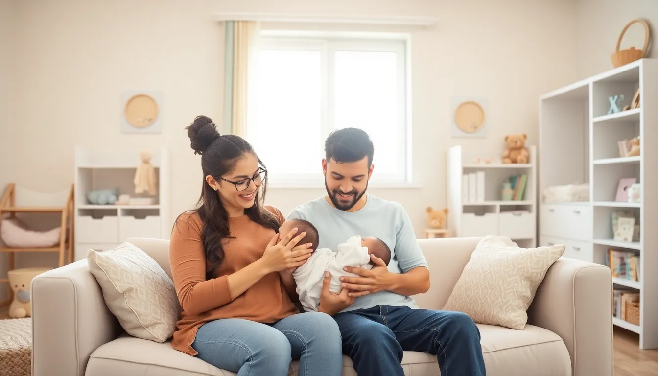 a diverse couple burping their baby in a modern nursery.
