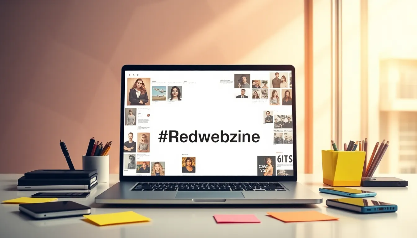 modern workspace with a laptop displaying #Redwebzine content.