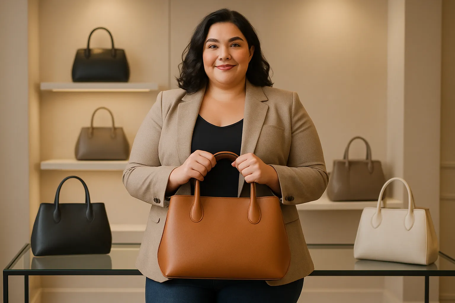 Plus-size woman with a structured leather handbag in a modern boutique.