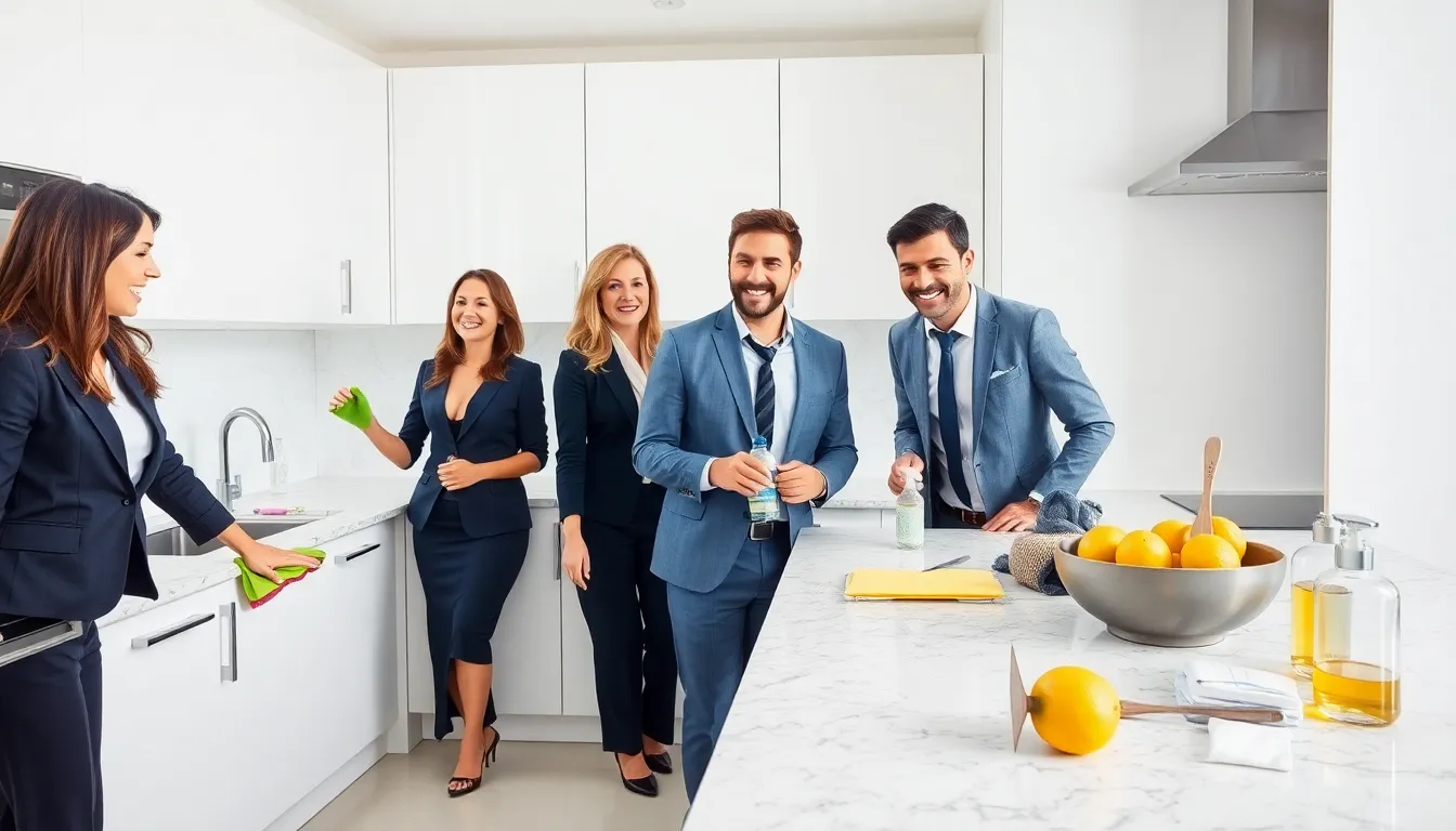 diverse team cleaning a modern kitchen with essential tools.