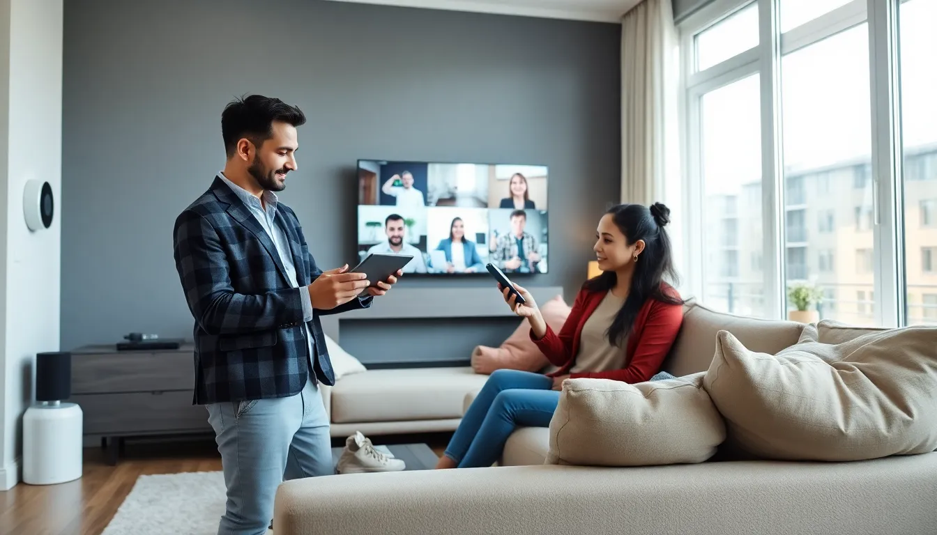 family controlling home automation devices in a modern living room.