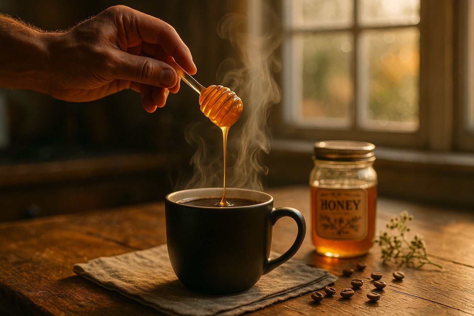 A hand drizzles honey into a steaming cup of coffee.