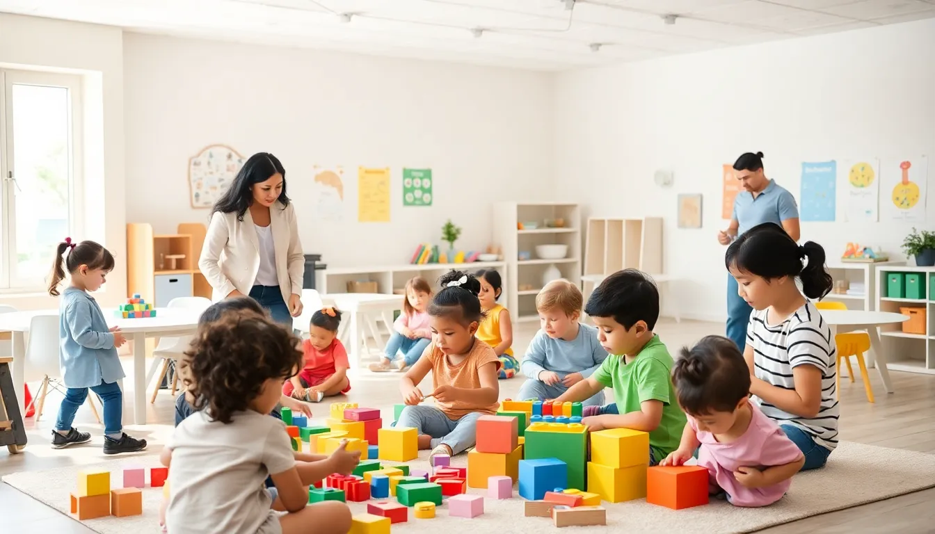 diverse children playing in a bright childcare center with attentive caregivers.