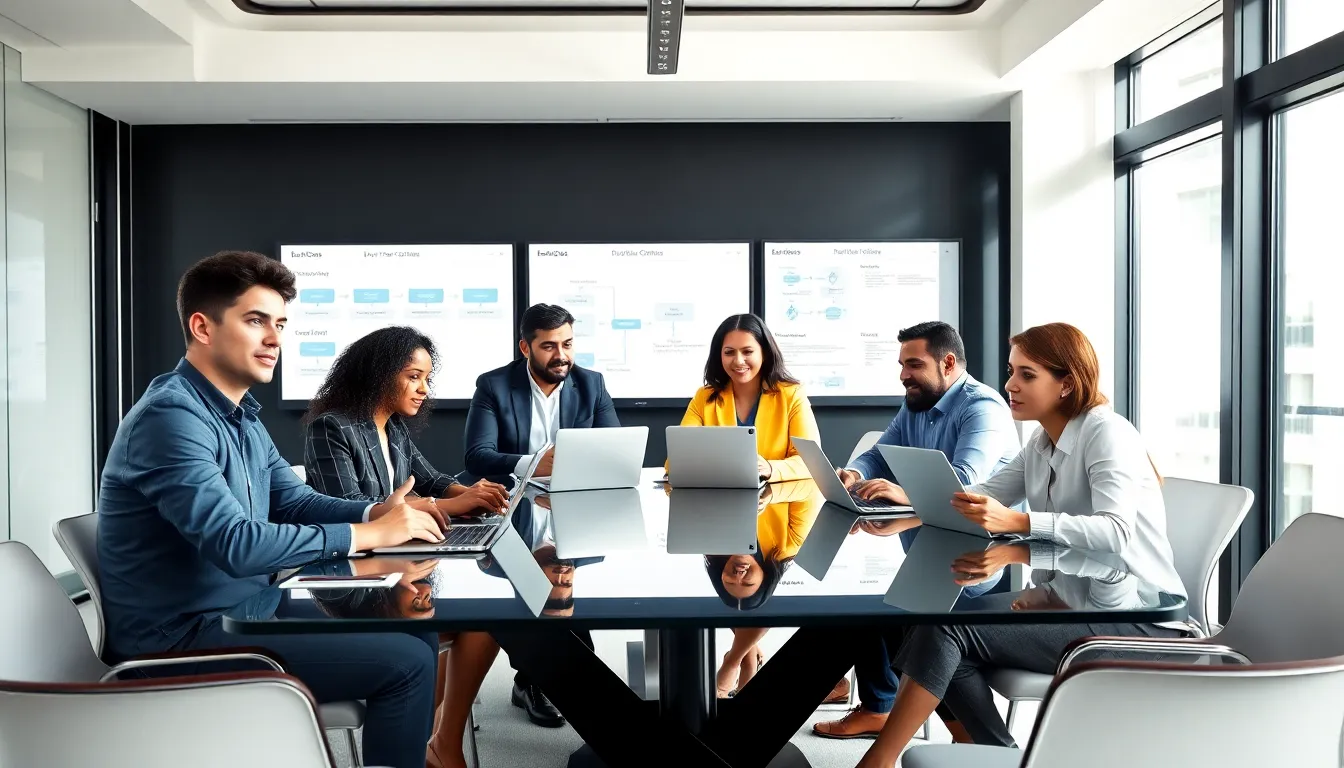 diverse team collaborating on DevOps project management in a modern office.