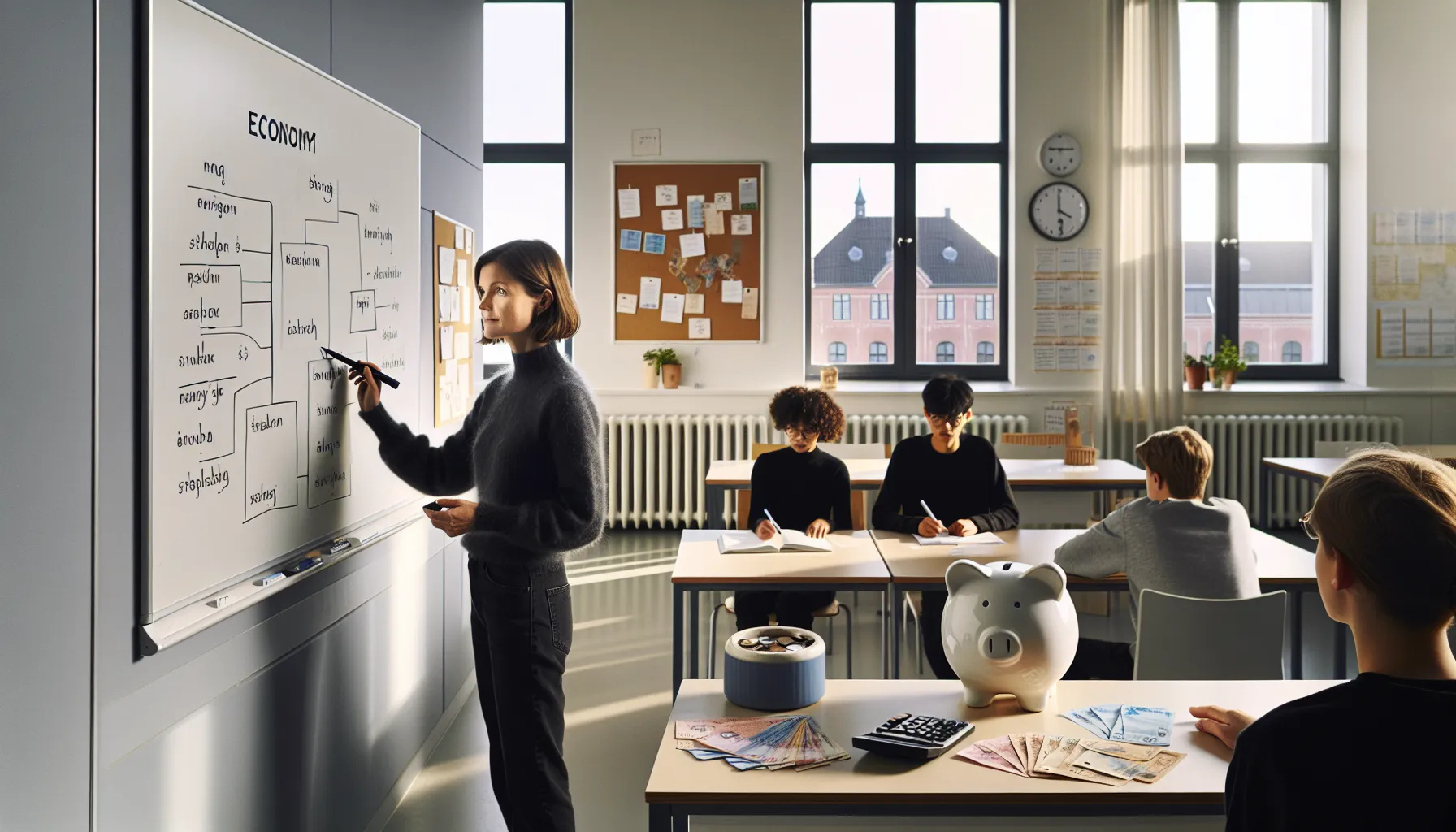 Teacher explains norwegian budgeting, taxes, saving, and interest to students.