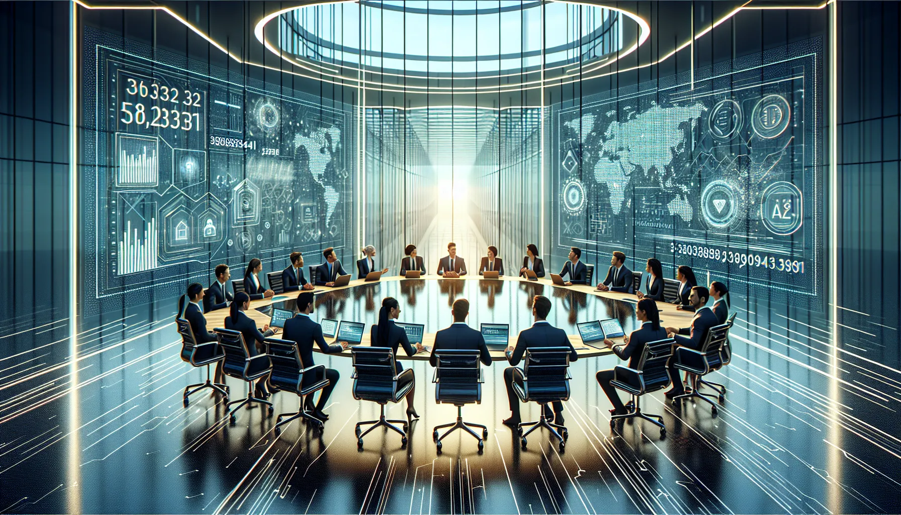 diverse team discussing digital data in a modern office.