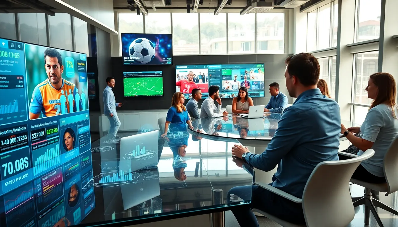 sports newsroom with diverse professionals using technology and social media.