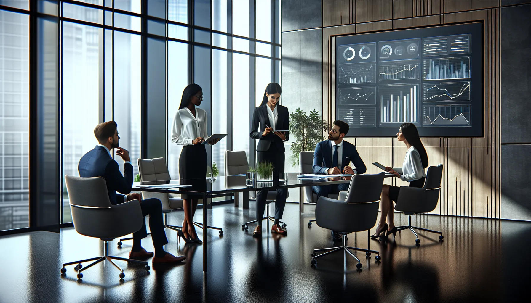a diverse team discussing performance metrics in a modern conference room.