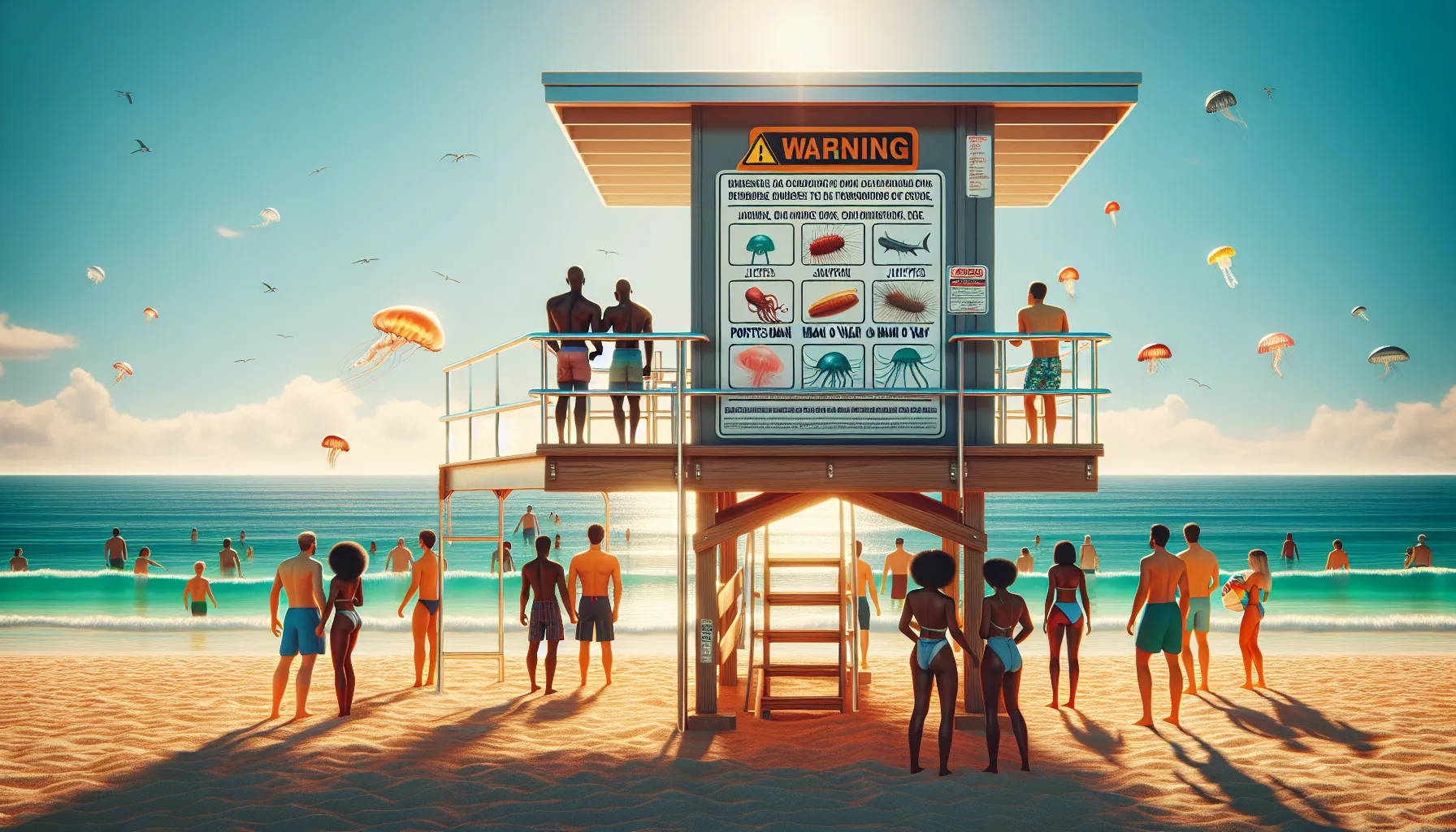 A lifeguard station with jellyfish warning sign on a sunny beach.