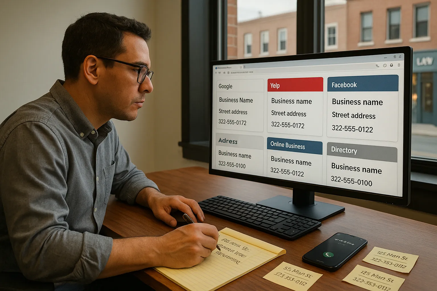 Local business owner reviews consistent NAP citations across online directories on a computer.