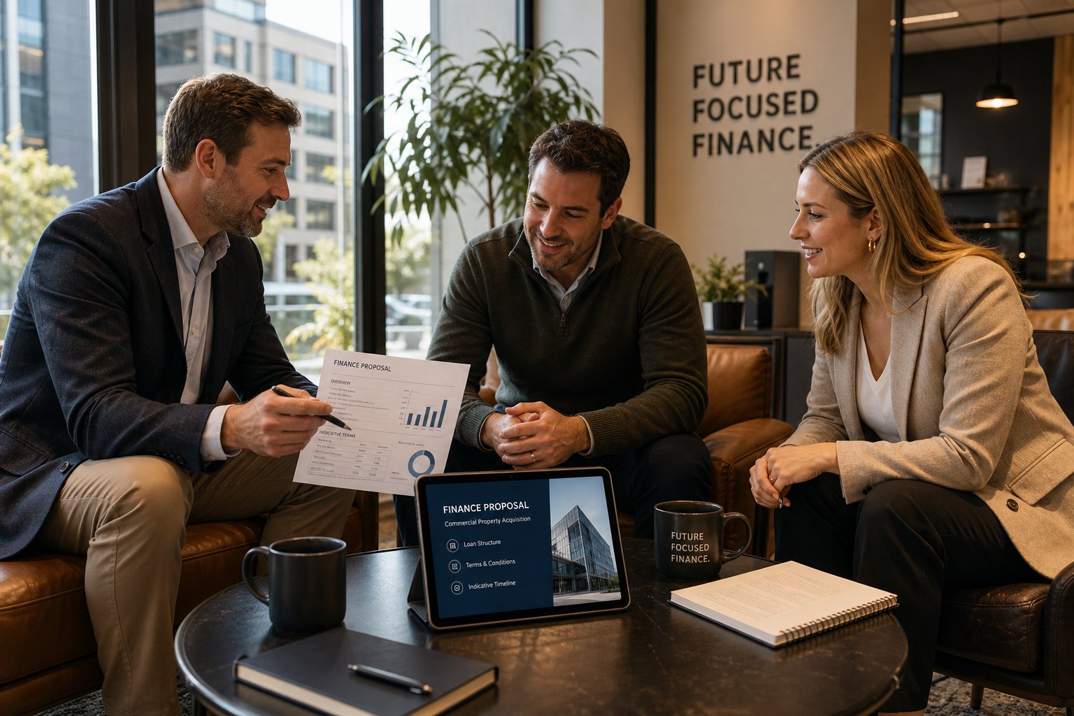 Commercial Mortgage Brokers Blackpool for Purchase and Refinance 14 Mortgage broker meeting commercial property investors in a relaxed office lounge.