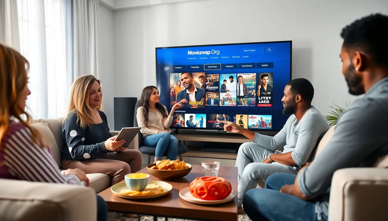 diverse friends enjoying a movie night in a modern living room.