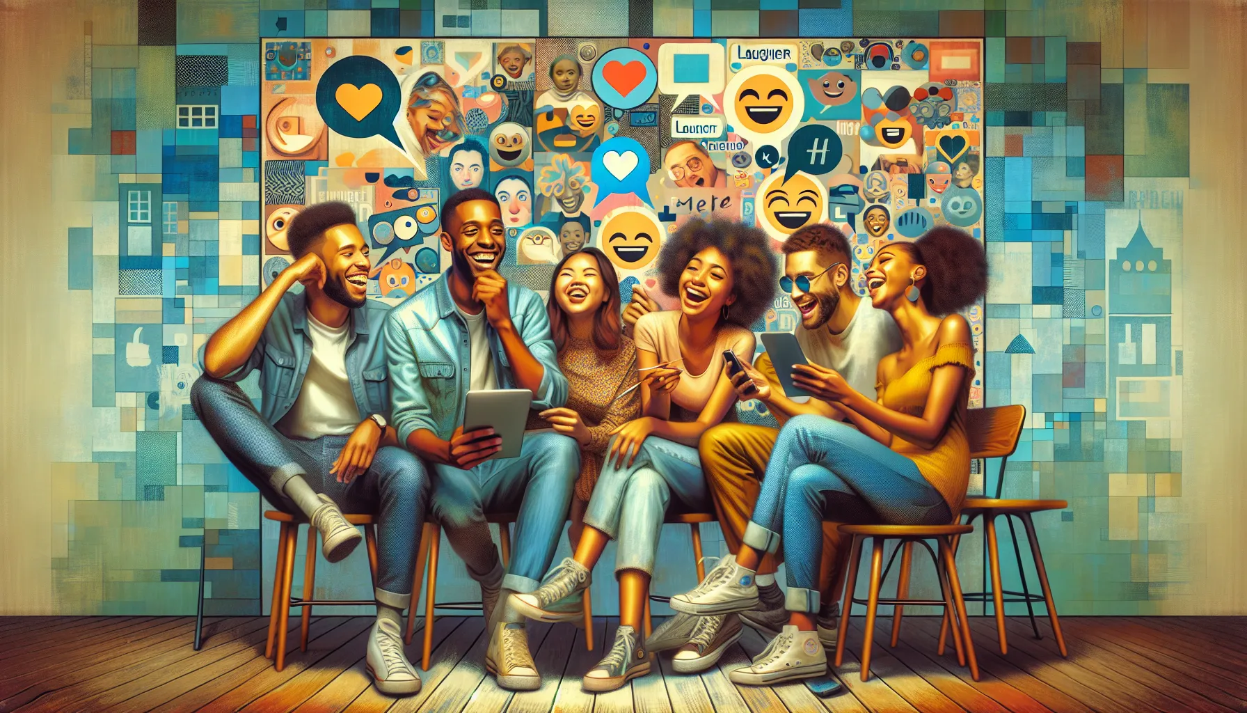 young adults sharing laughter over memes in a modern café.