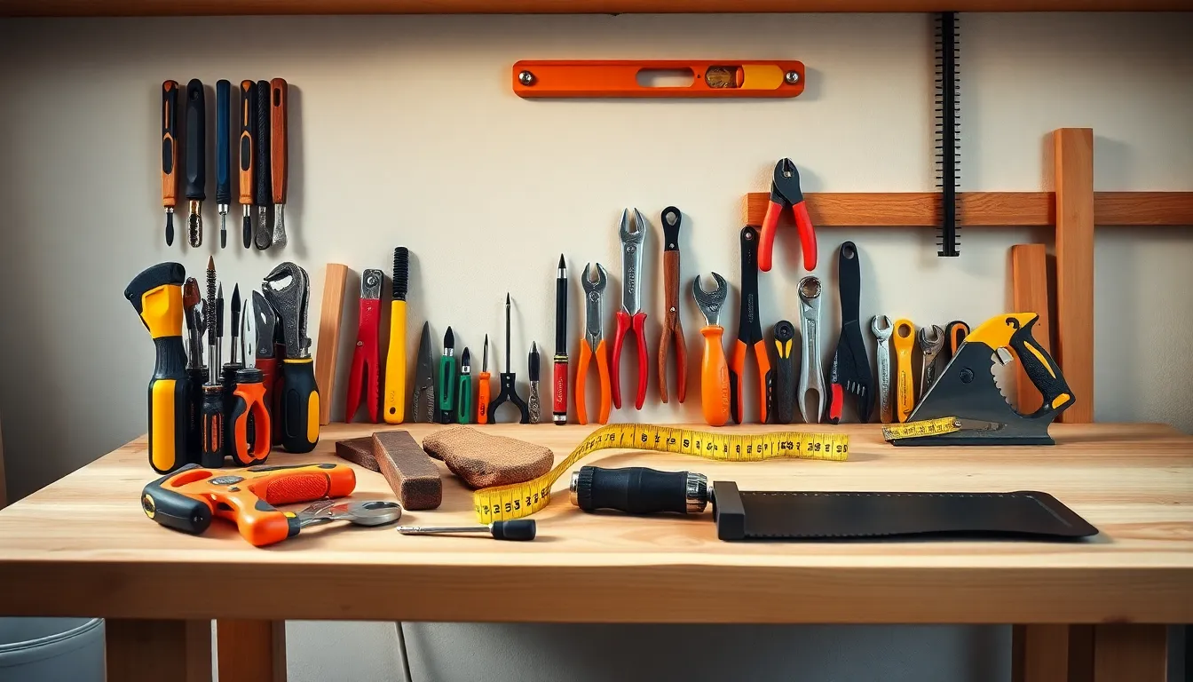 organized workshop showcasing essential hand tools on a wooden workbench.