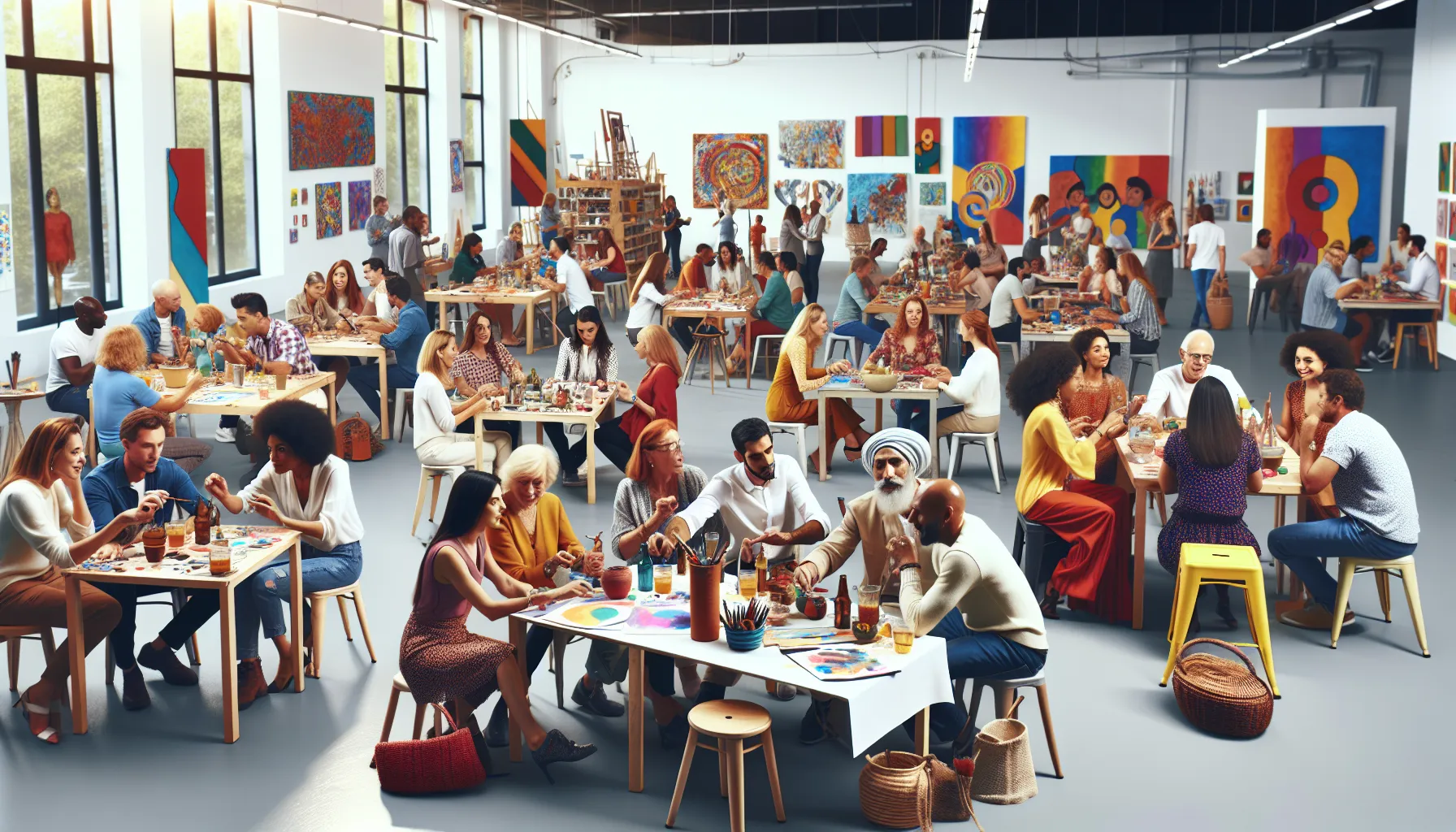 diverse group engaged in creative activities at a community center.