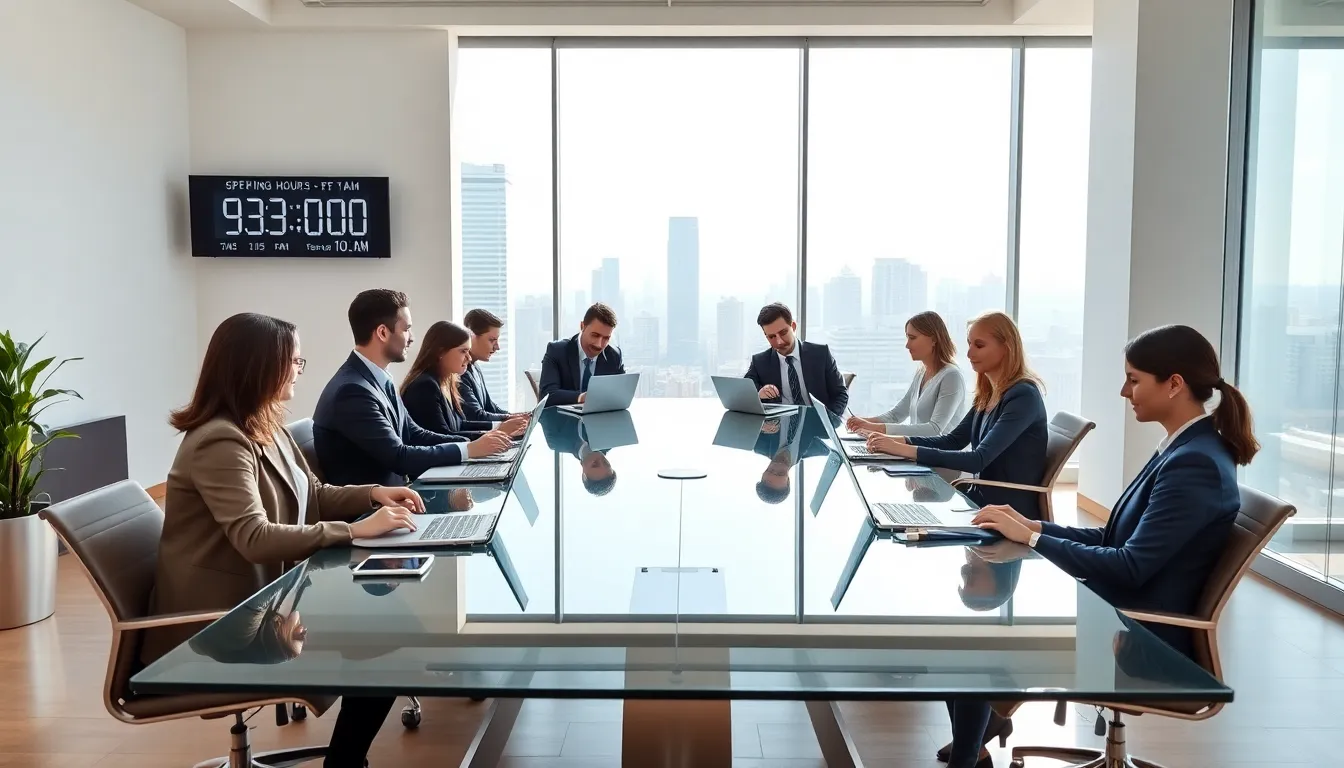 diverse finance professionals discussing stock market opening hours in a modern office.
