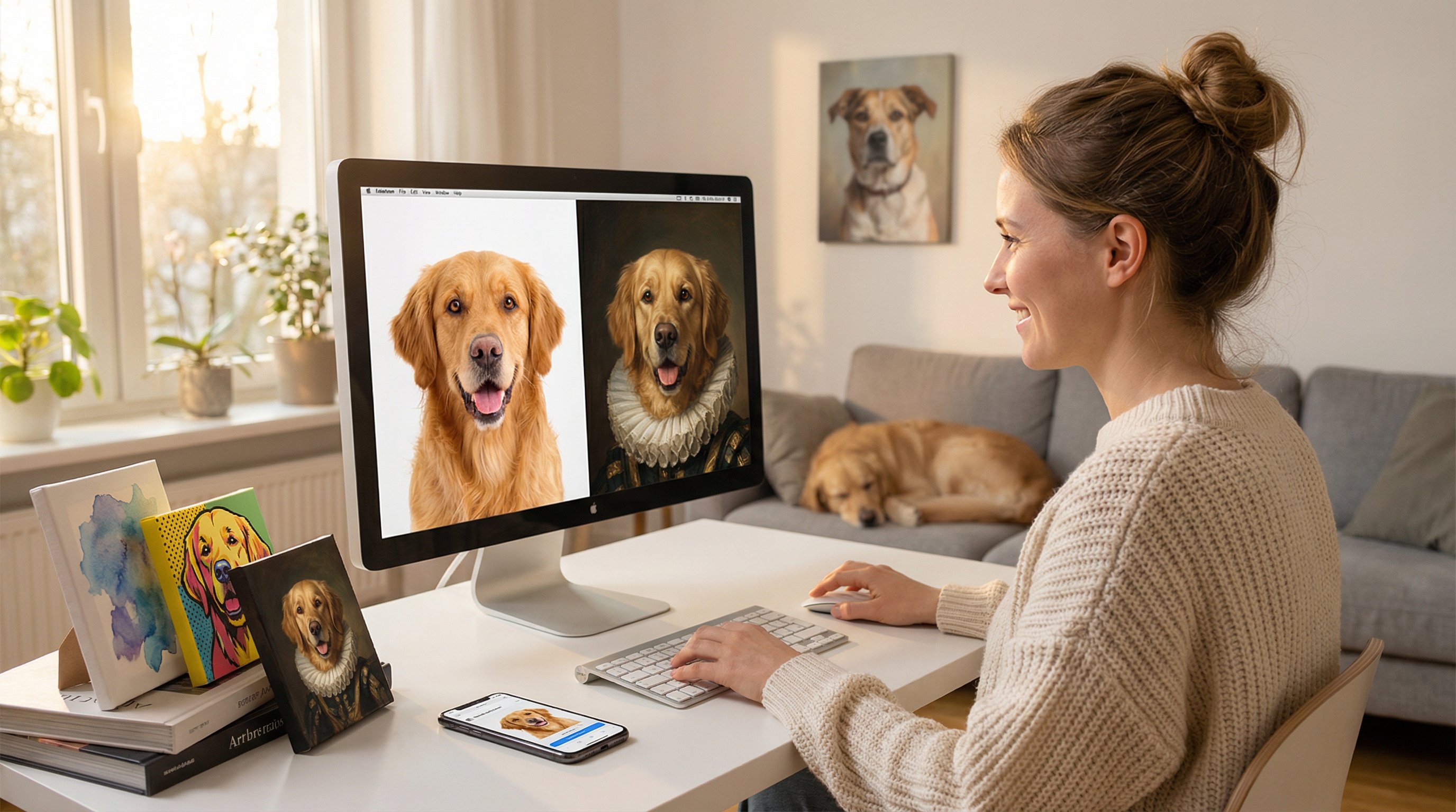 Woman viewing her dog's AI-generated custom pet portrait on a monitor at home.