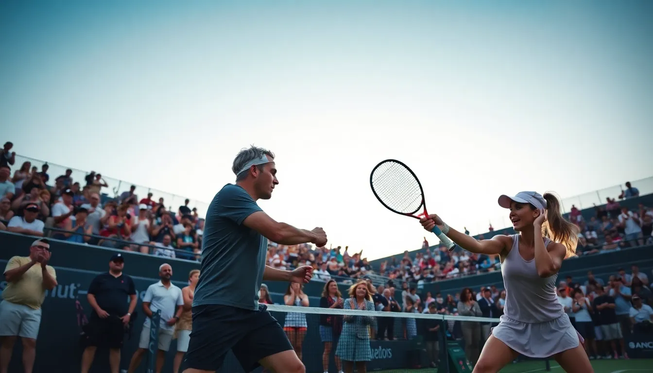 tennis match at Flushing Meadows with excited spectators.