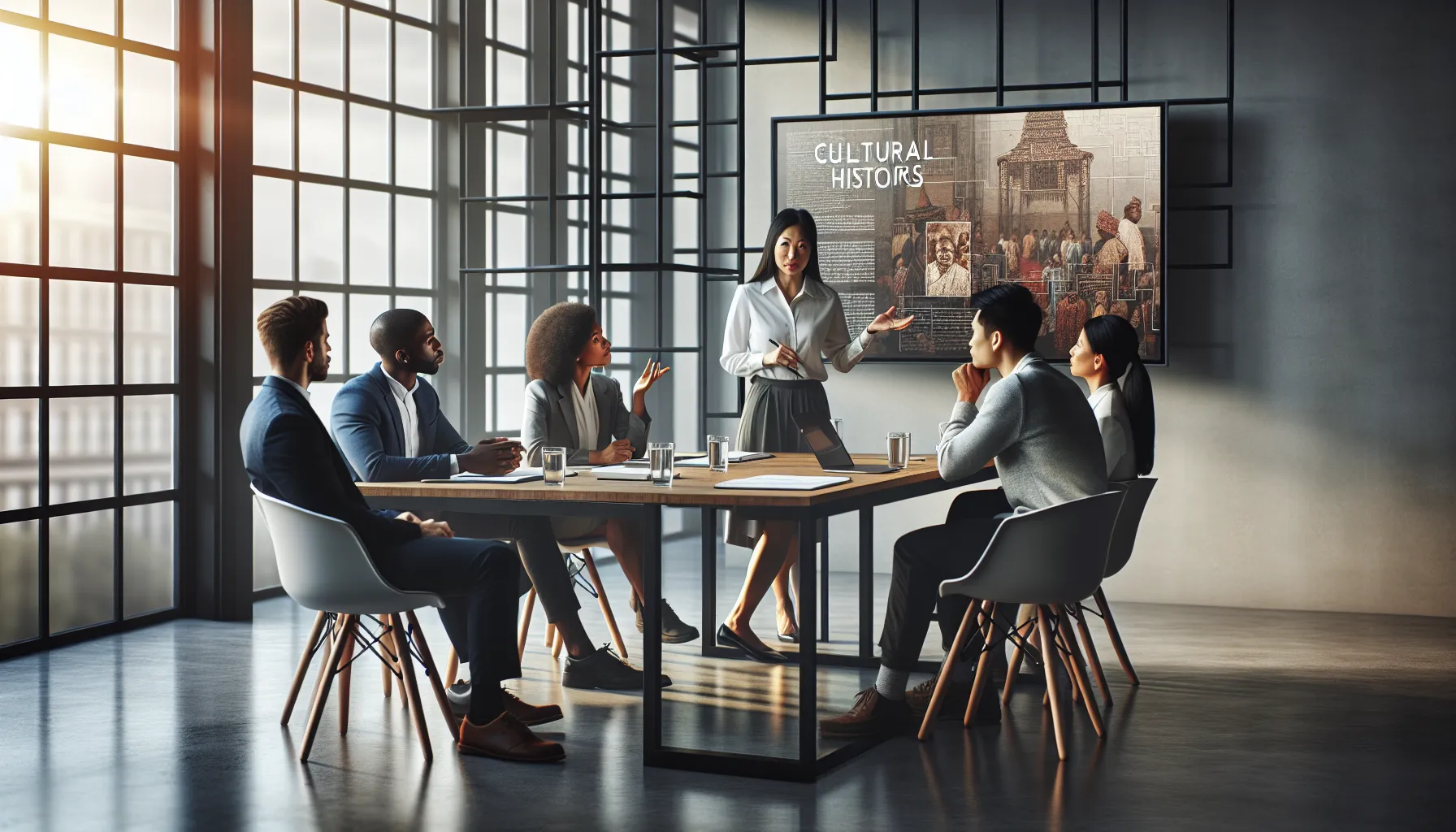 diverse professionals collaborating in a modern office setting on cultural history.