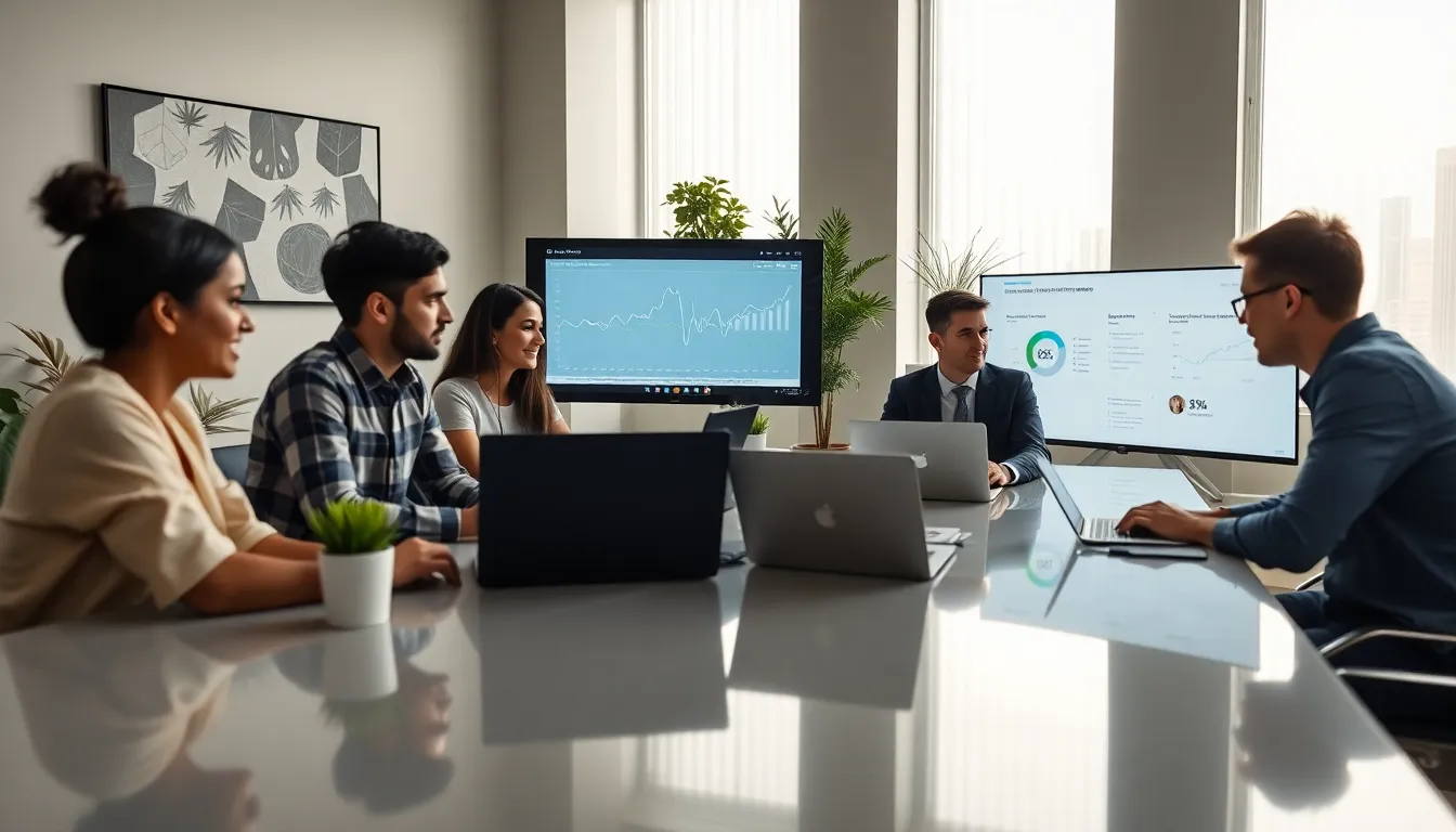 diverse team analyzing marketing strategies in a modern office.