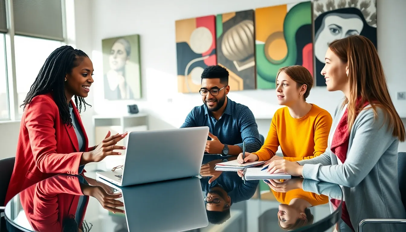 diverse students discussing in a modern university classroom.