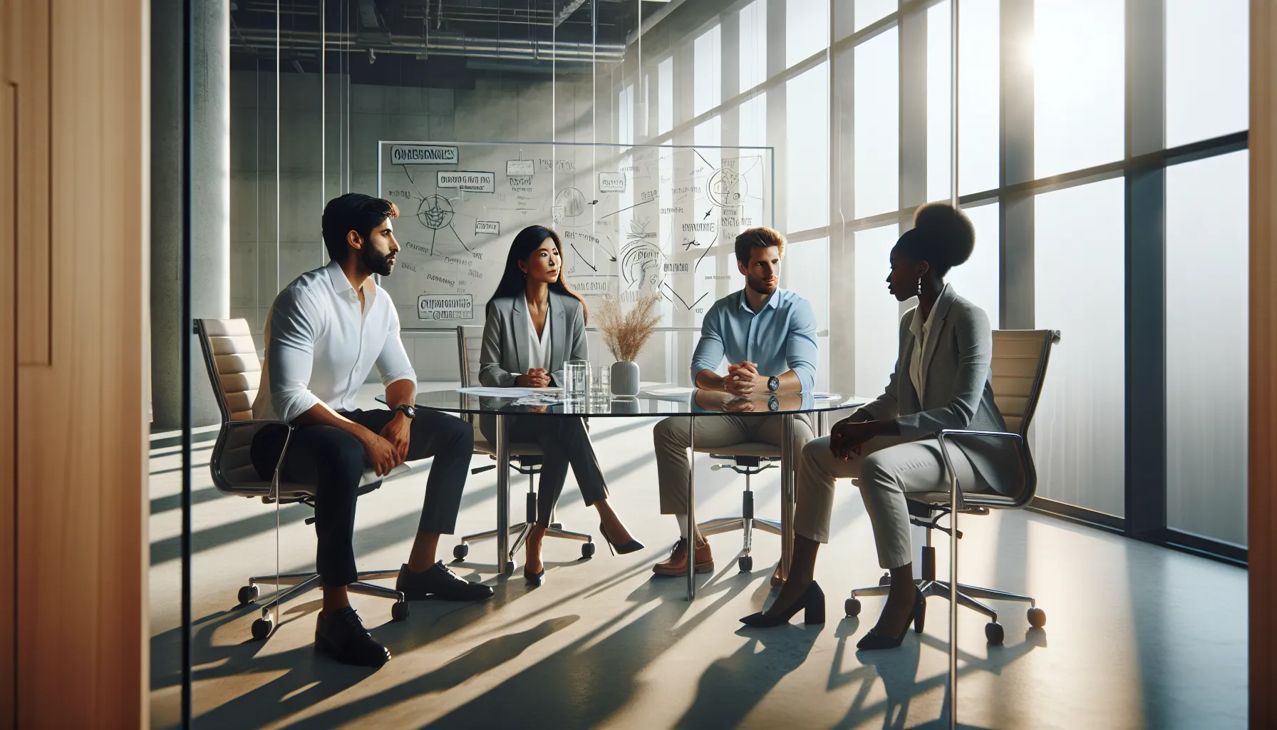 diverse professionals discussing strategies in a modern office.