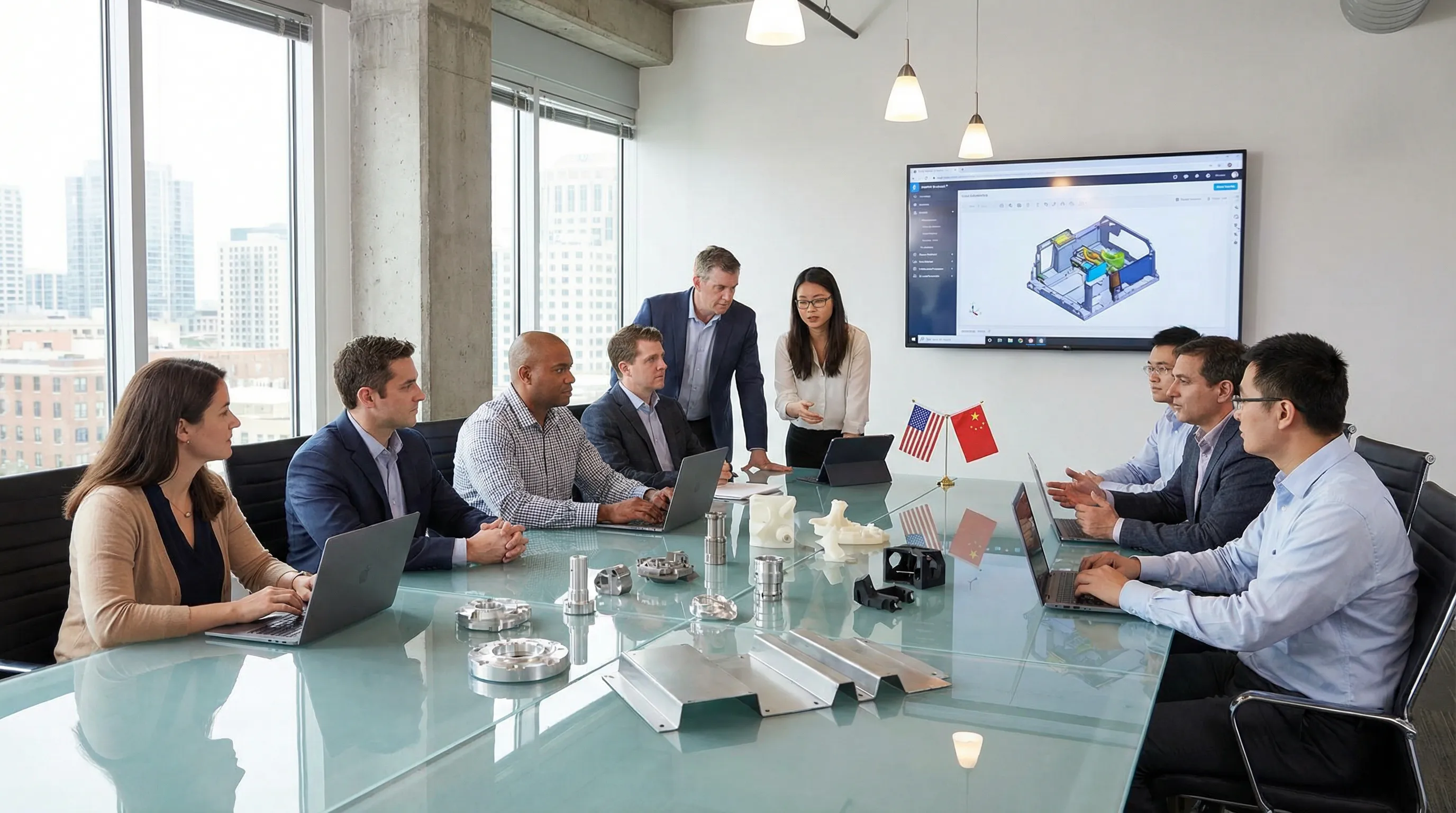 Professionals reviewing prototypes in a modern office with digital designs displayed.