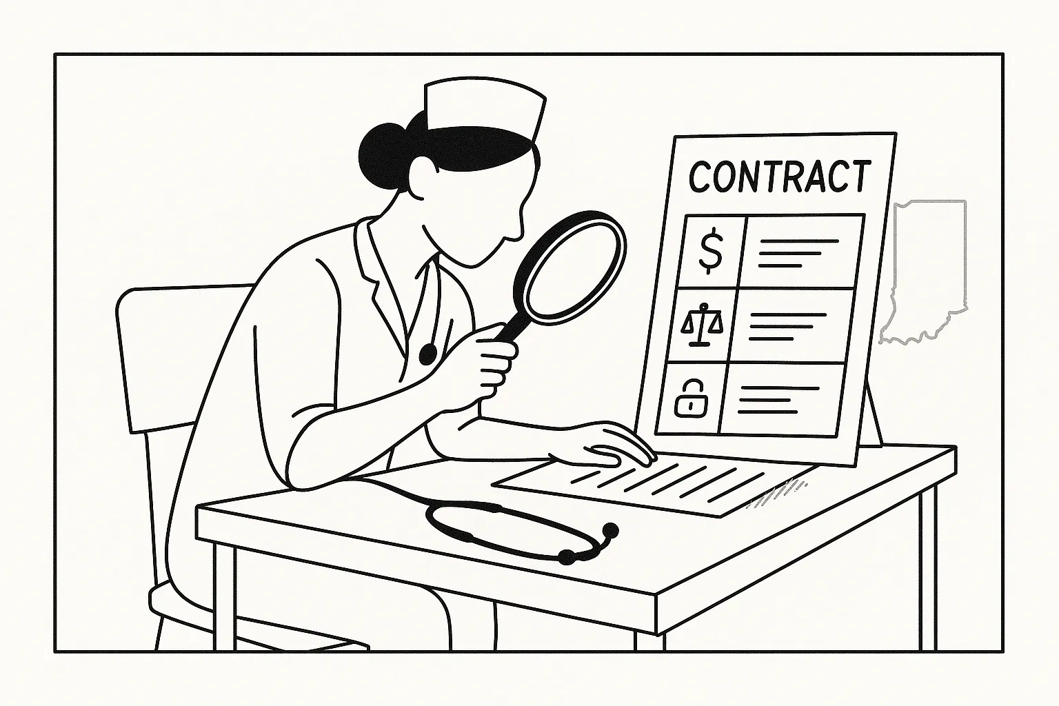 Nurse practitioner examining a contract with icons and Indiana state outline of Indiana Nurse Practitioner Contract Review.