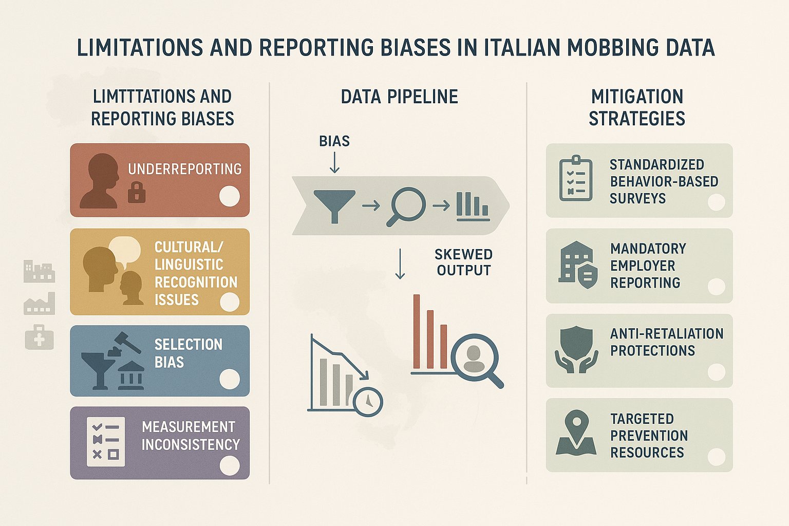 Infografica a tre colonne che mostra bias, distorsione dei dati e mitigazione per i dati sul mobbing italiano.
