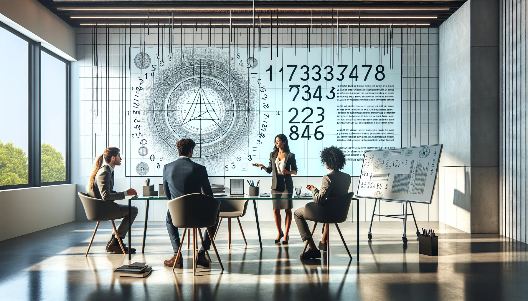 professionals discussing numerology in a modern office setting.
