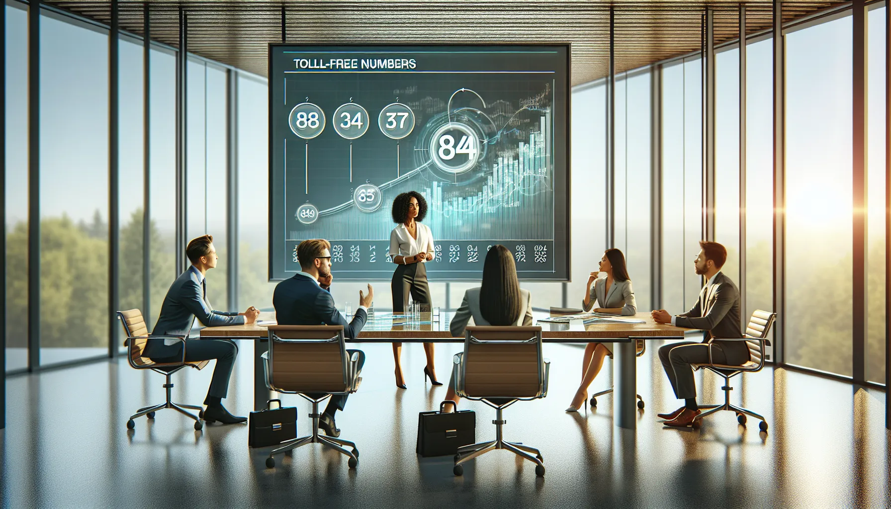 diverse professionals discussing toll-free numbers in a modern office.