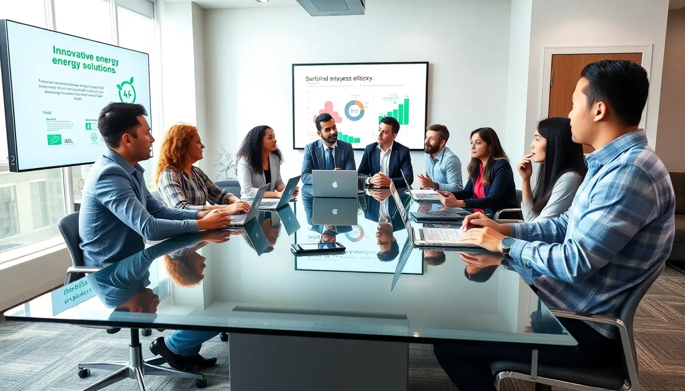 diverse team discussing innovative energy solutions in a modern office.
