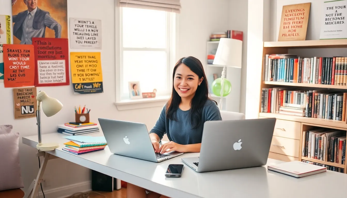 a young woman writing at her desk in a cozy home office.