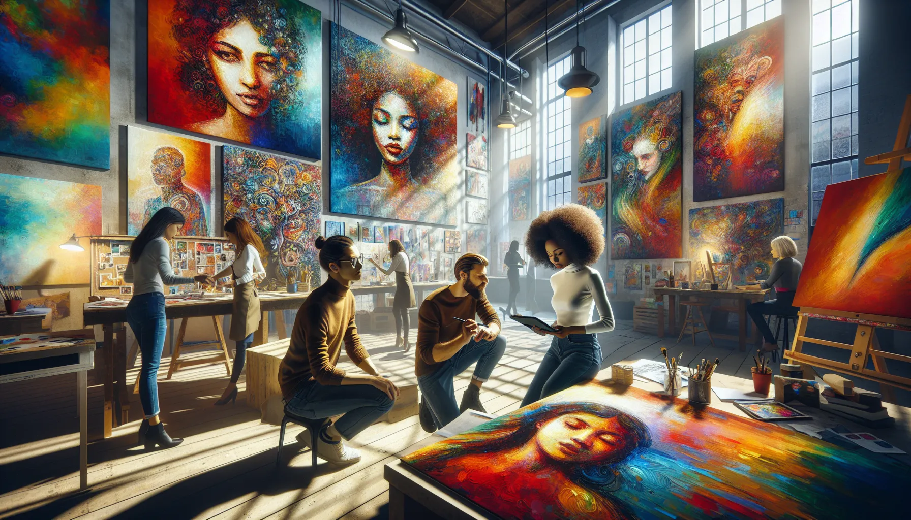 diverse team collaborating in an art studio, discussing themes of love and confession.