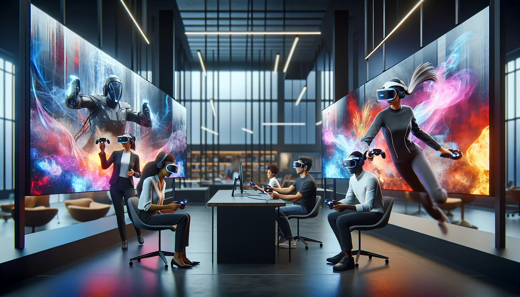 diverse professionals experiencing augmented reality gaming in a modern office.