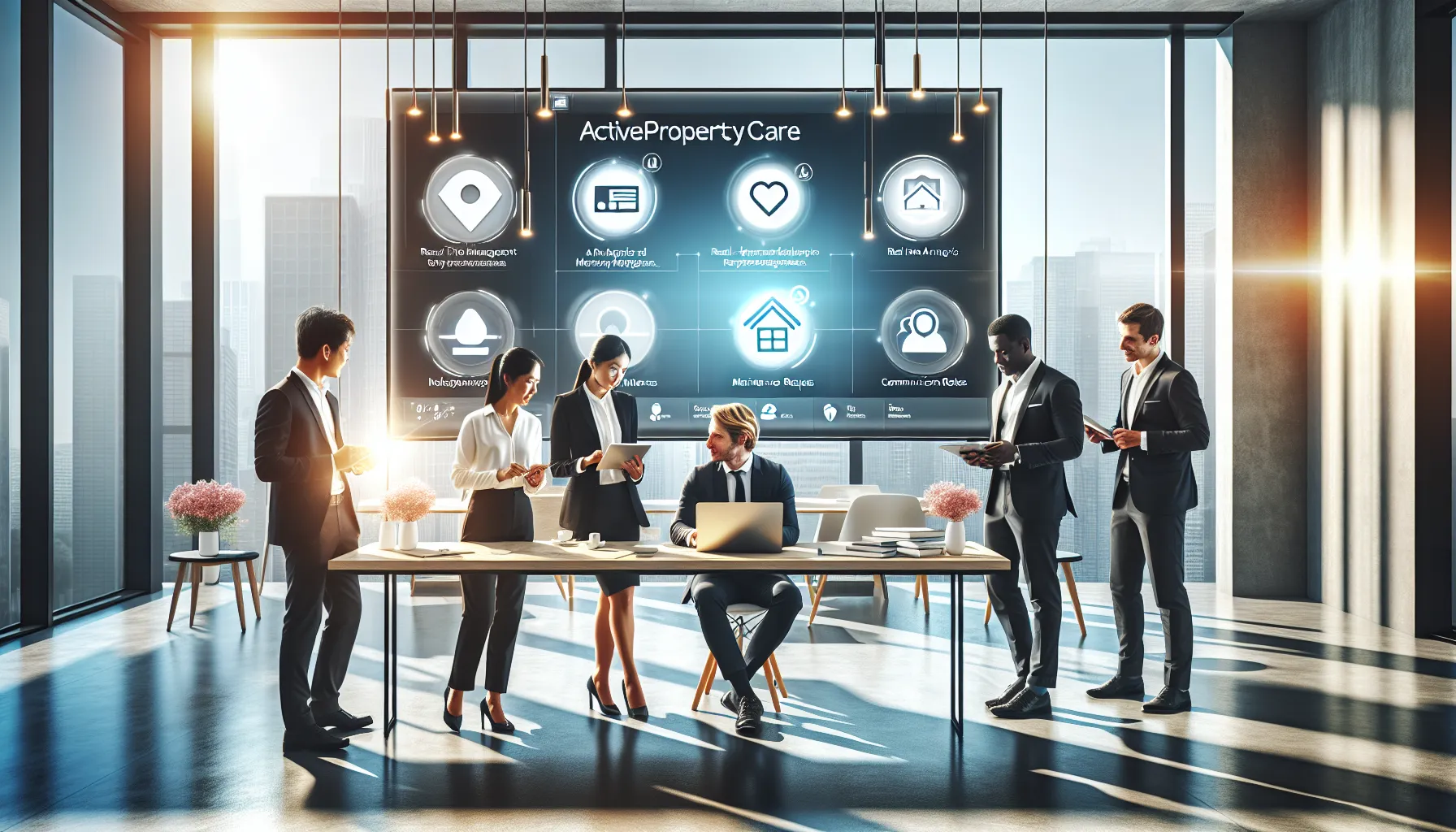 team collaborating on a property management software in a modern office.