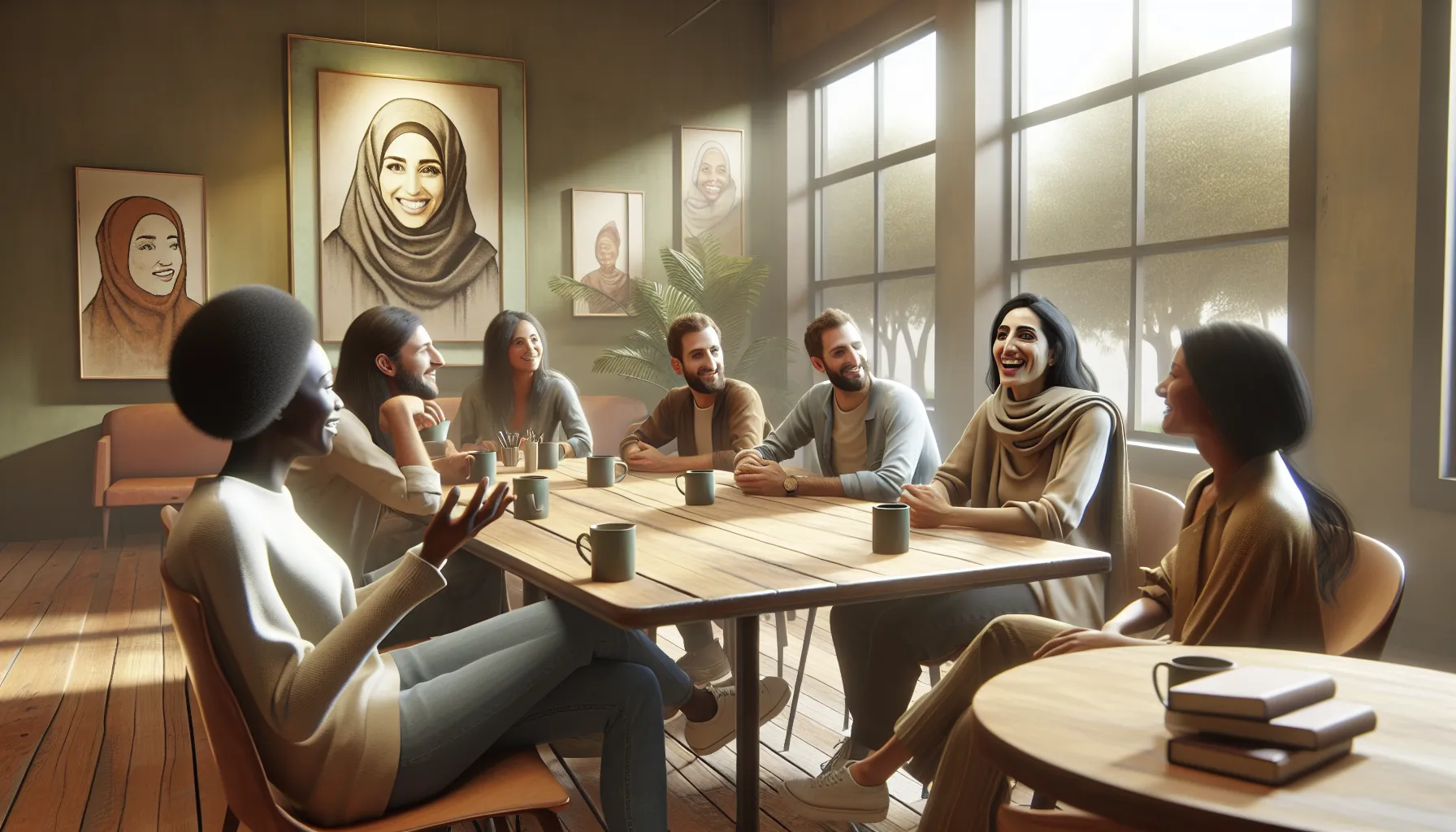 diverse group discussing in a cozy caf&eacute; setting.