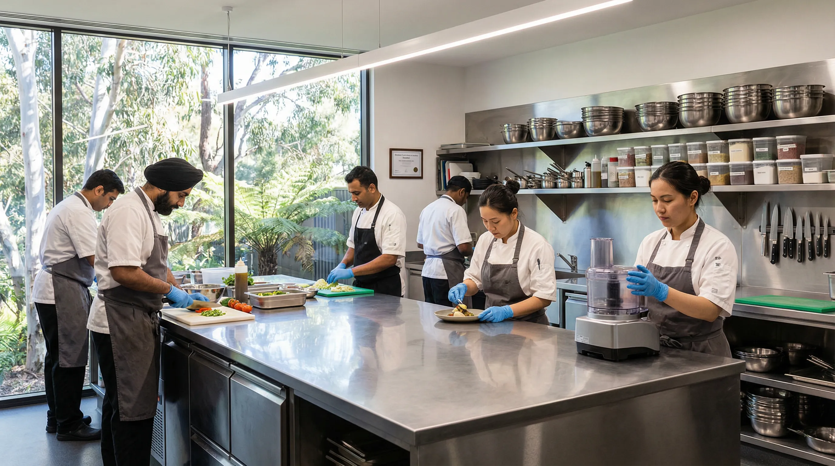 Modern commercial kitchen with chefs using a stainless steel bench.