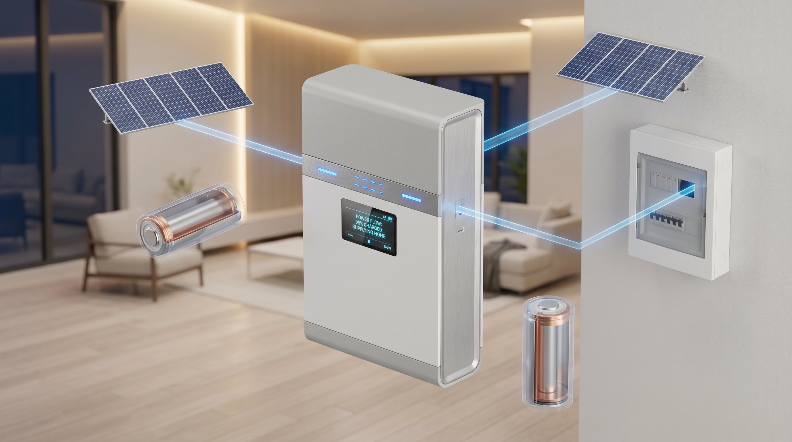 3D render of a modern home battery storage system mounted in a residential setting.