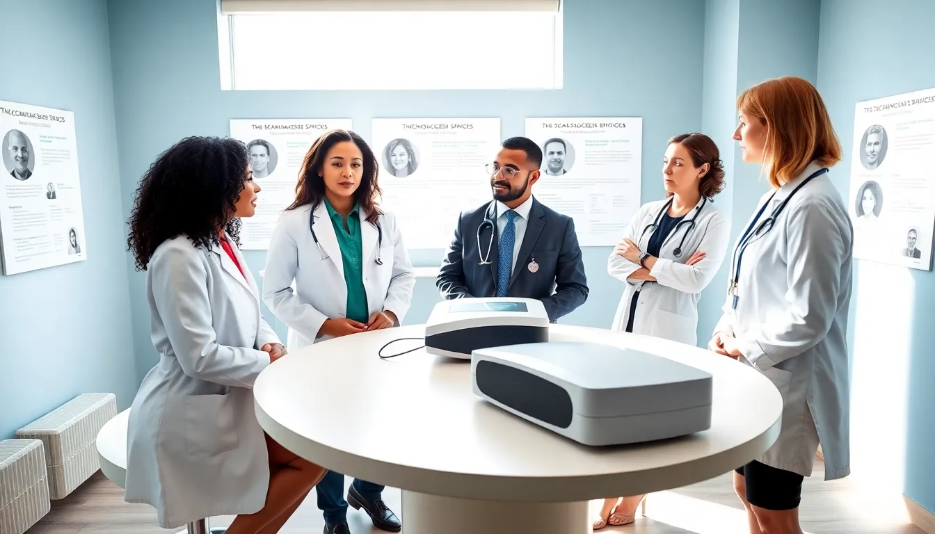 healthcare professionals discussing TMS in a modern clinical setting.