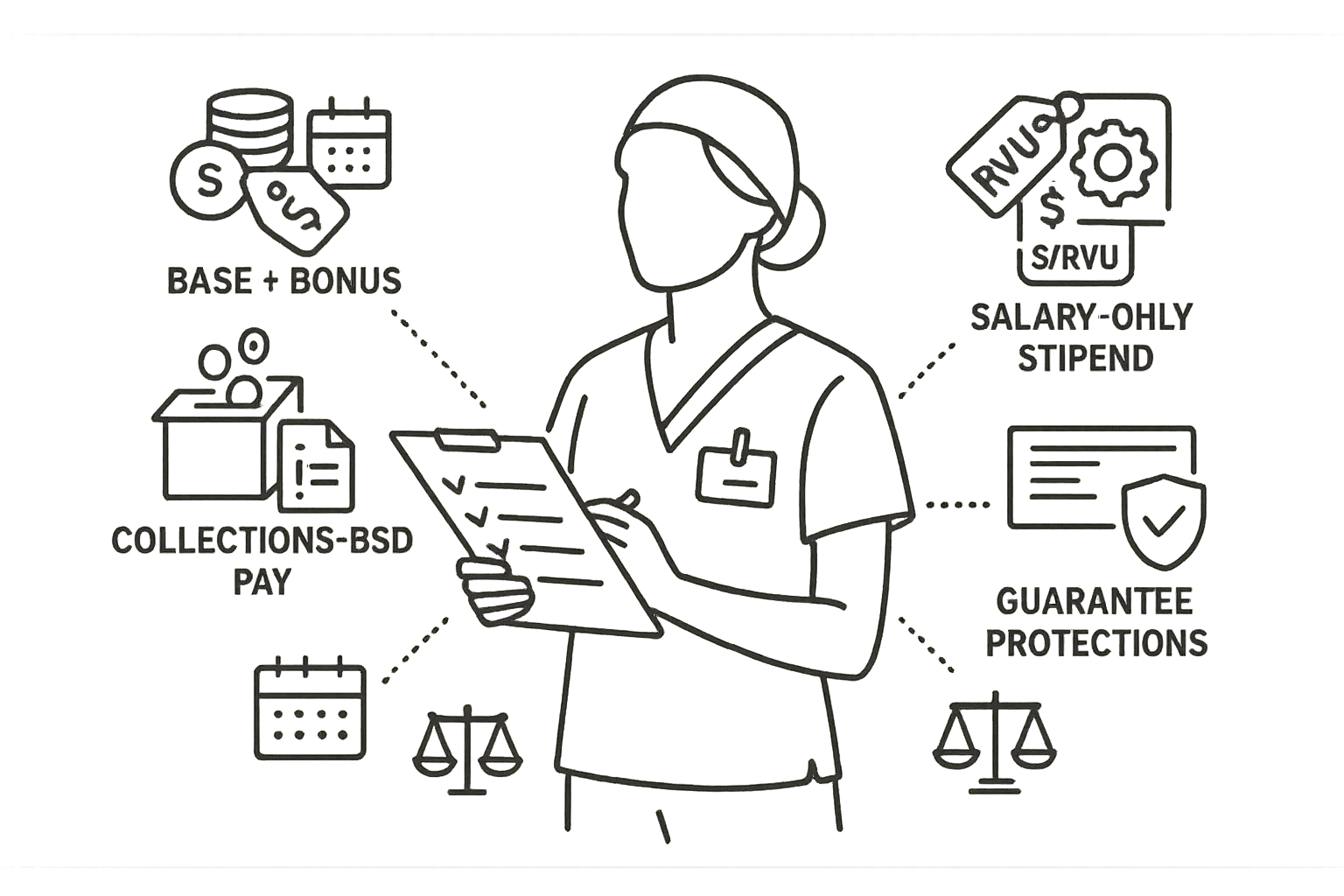 Nurse practitioner with clipboard and icons for salary, collections, RVUs, and guarantees of Nurse Practitioner Compensation and Productivity Review