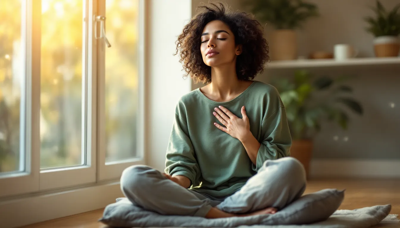 Woman practicing breathwork meditation on a cushion in a sunlit living room.