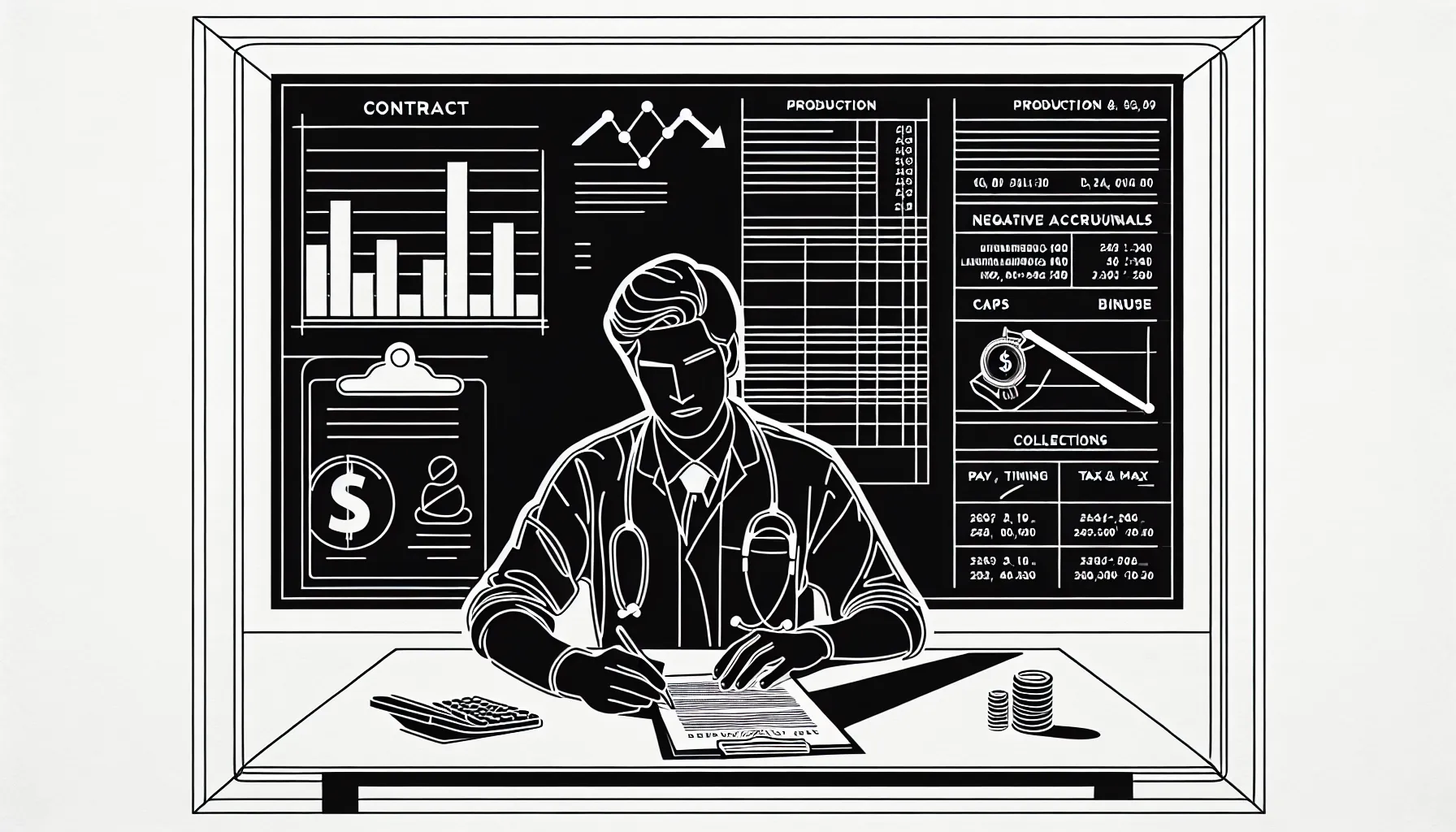 Veterinarian reviewing contract with calculator, charts, draw and Louisiana outline.