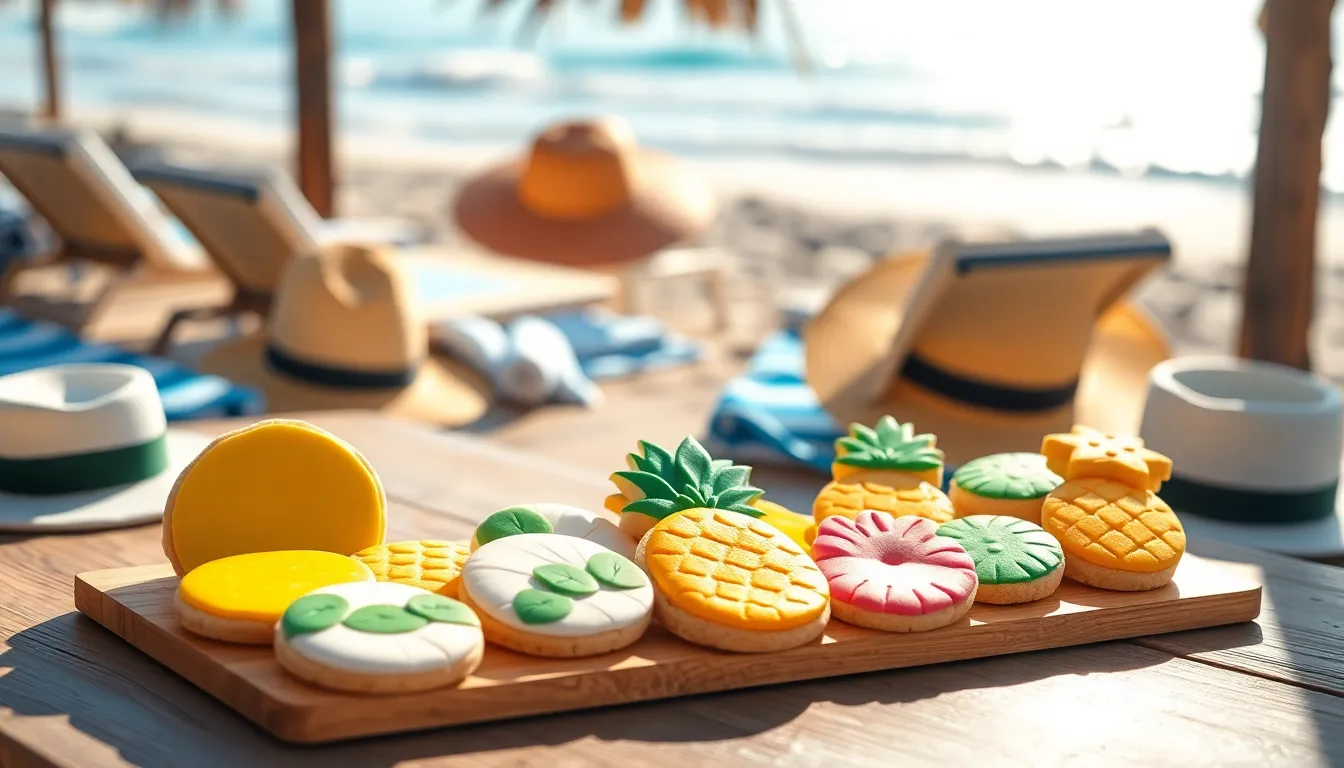 colorful tropical cookies on a beachside table.