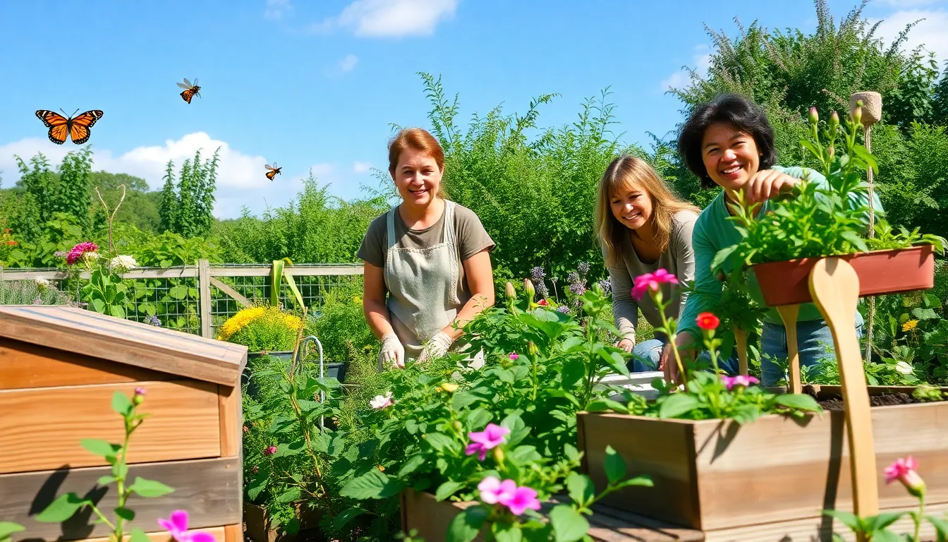 diverse gardeners working in an eco-friendly backyard garden.
