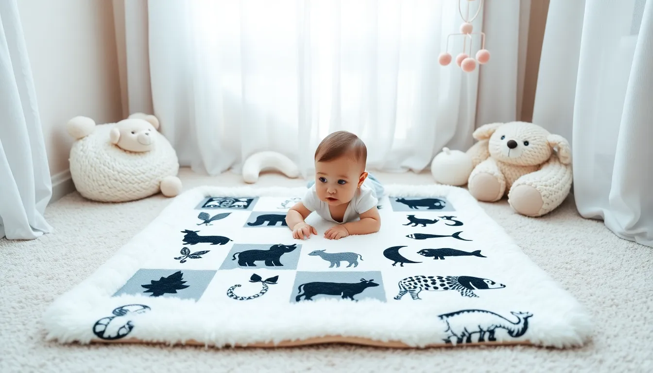 baby playing on a mat with high contrast images in a nursery.