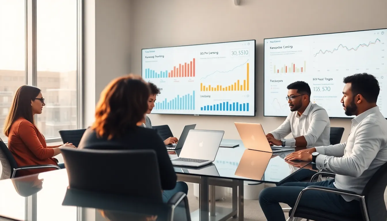 diverse team analyzing SEO reports in a modern office.