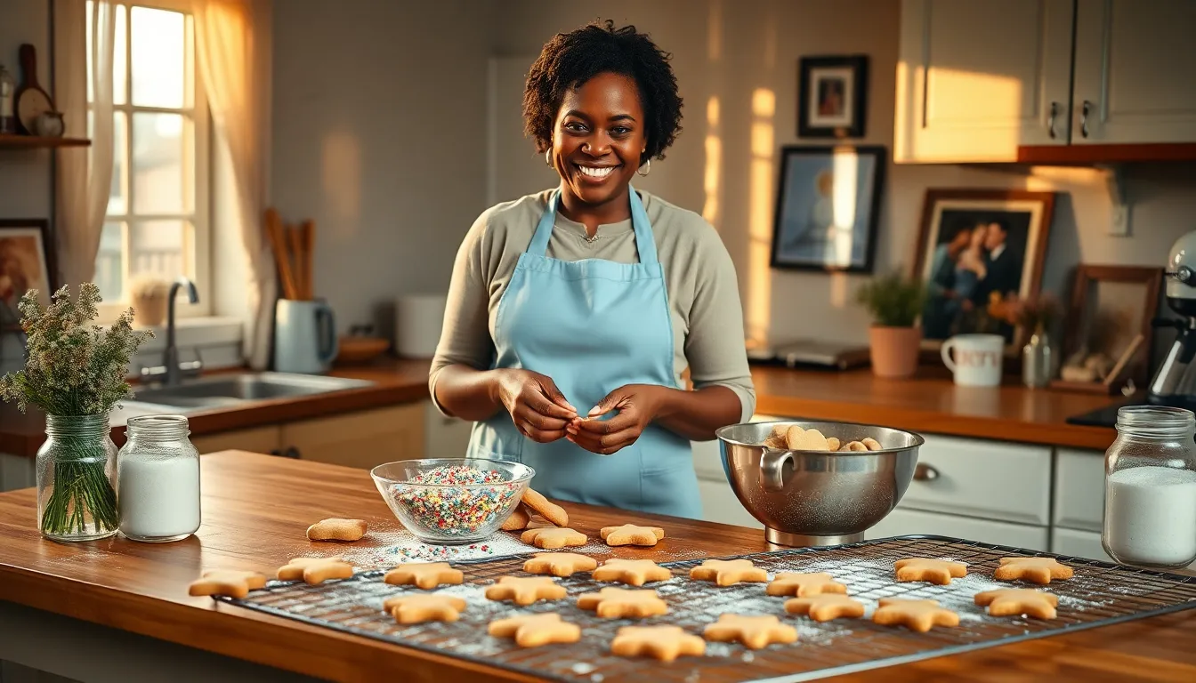 a woman baking heart-shaped cookies in a sunlit kitchen.
