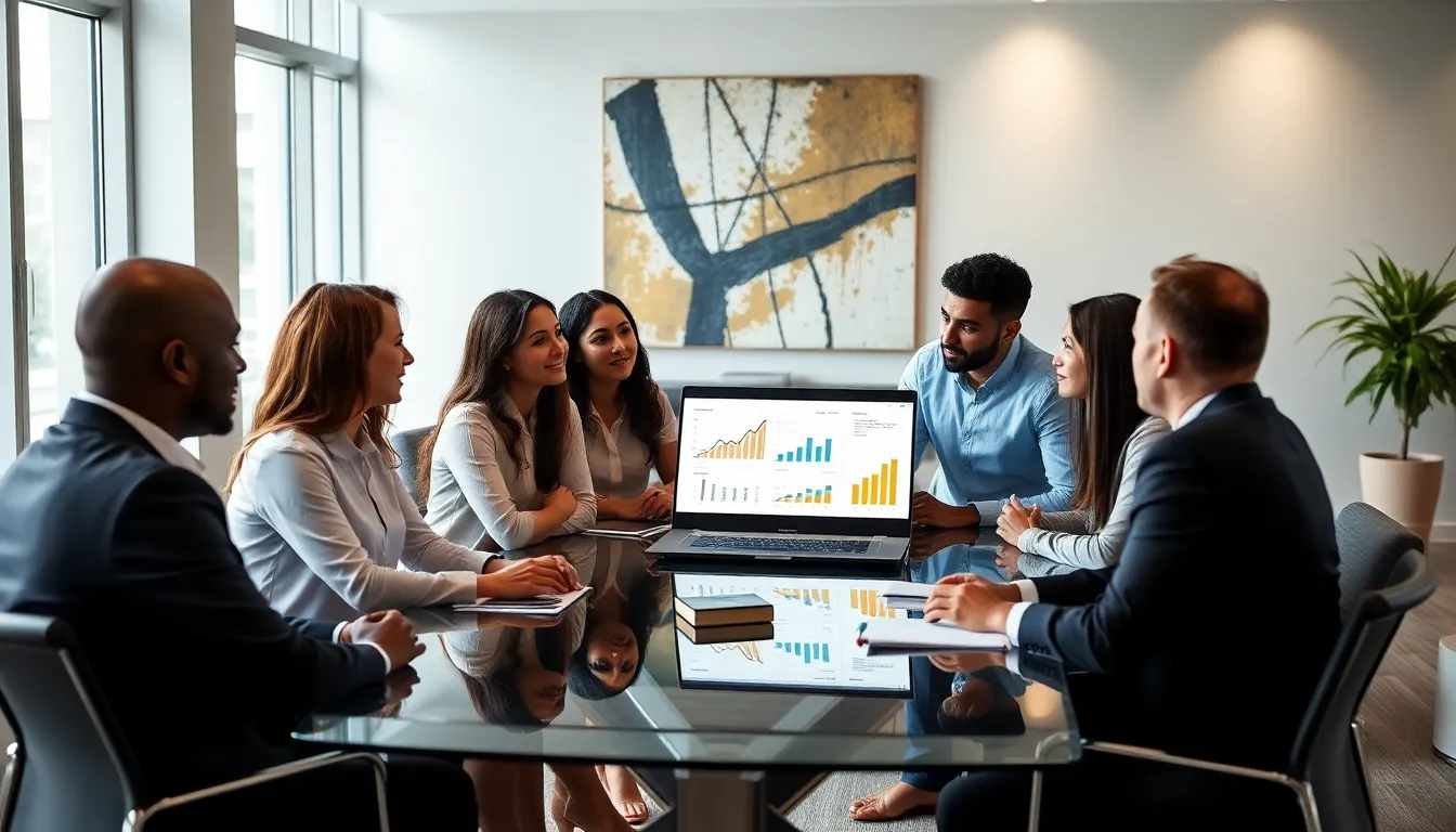 professionals discussing housing options in a modern office.