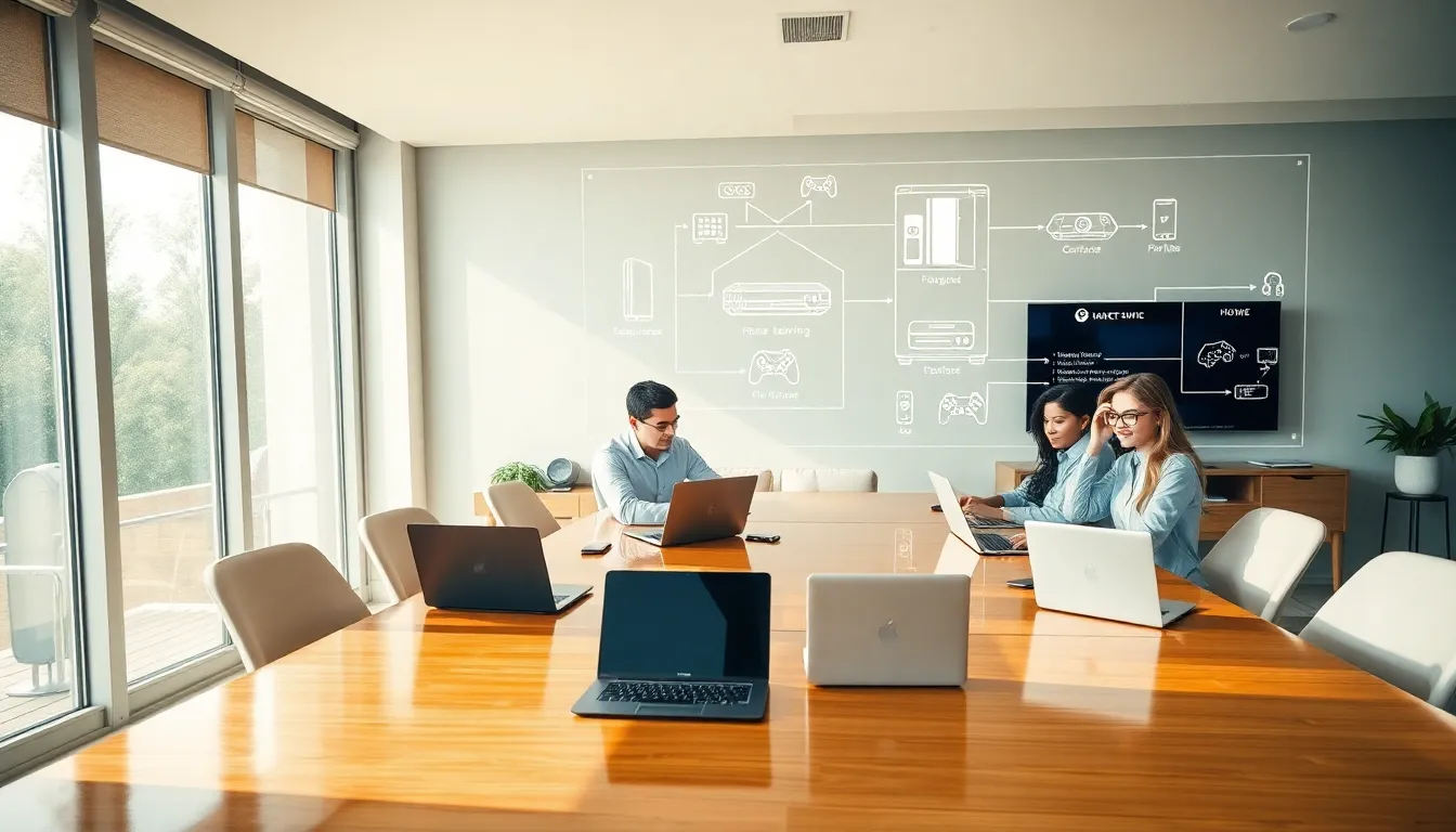 diverse professionals discussing home networking solutions in a modern office.